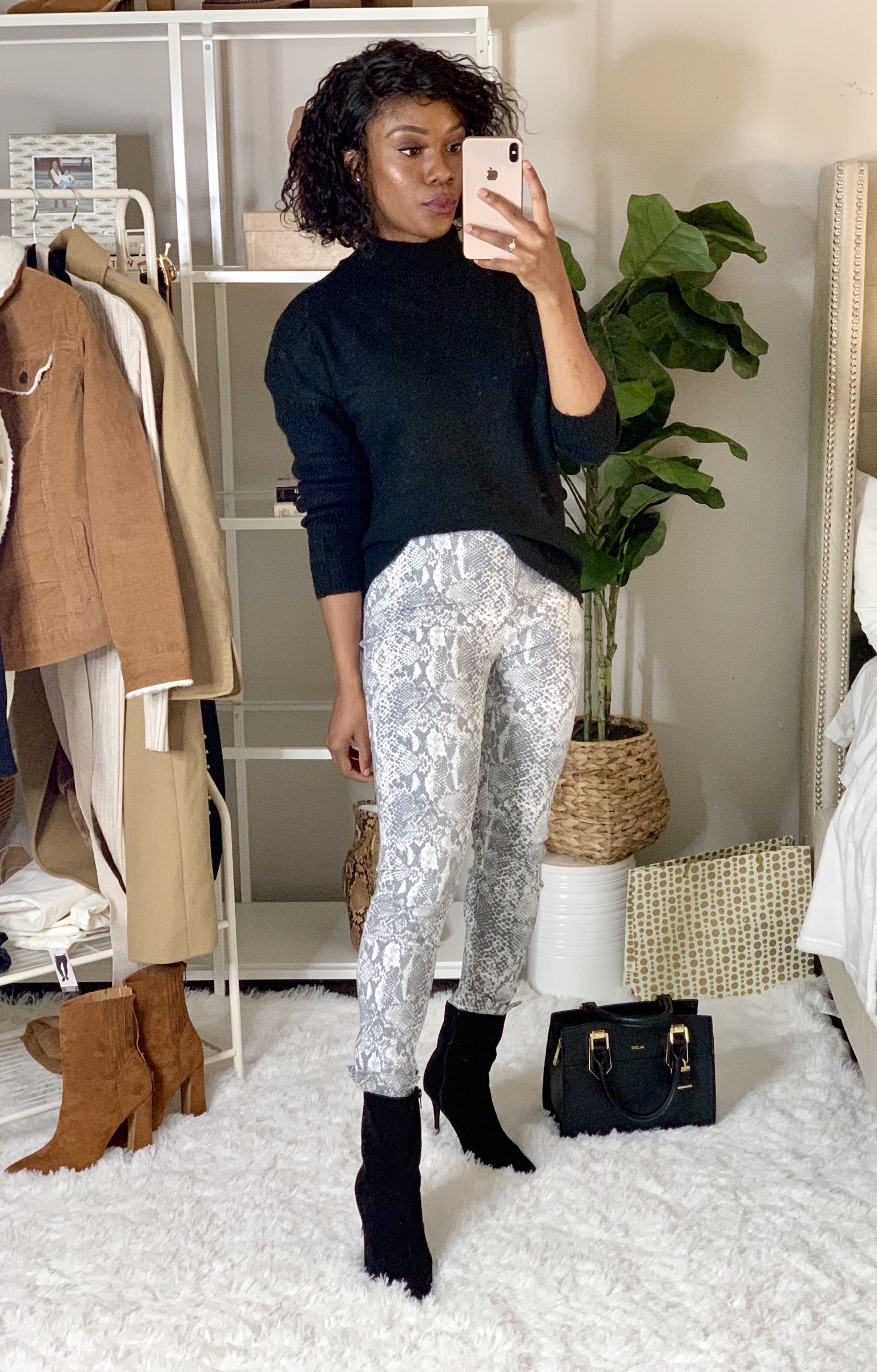  Walmart snakeskin leggings paired with Time & Tru turtleneck sweater 