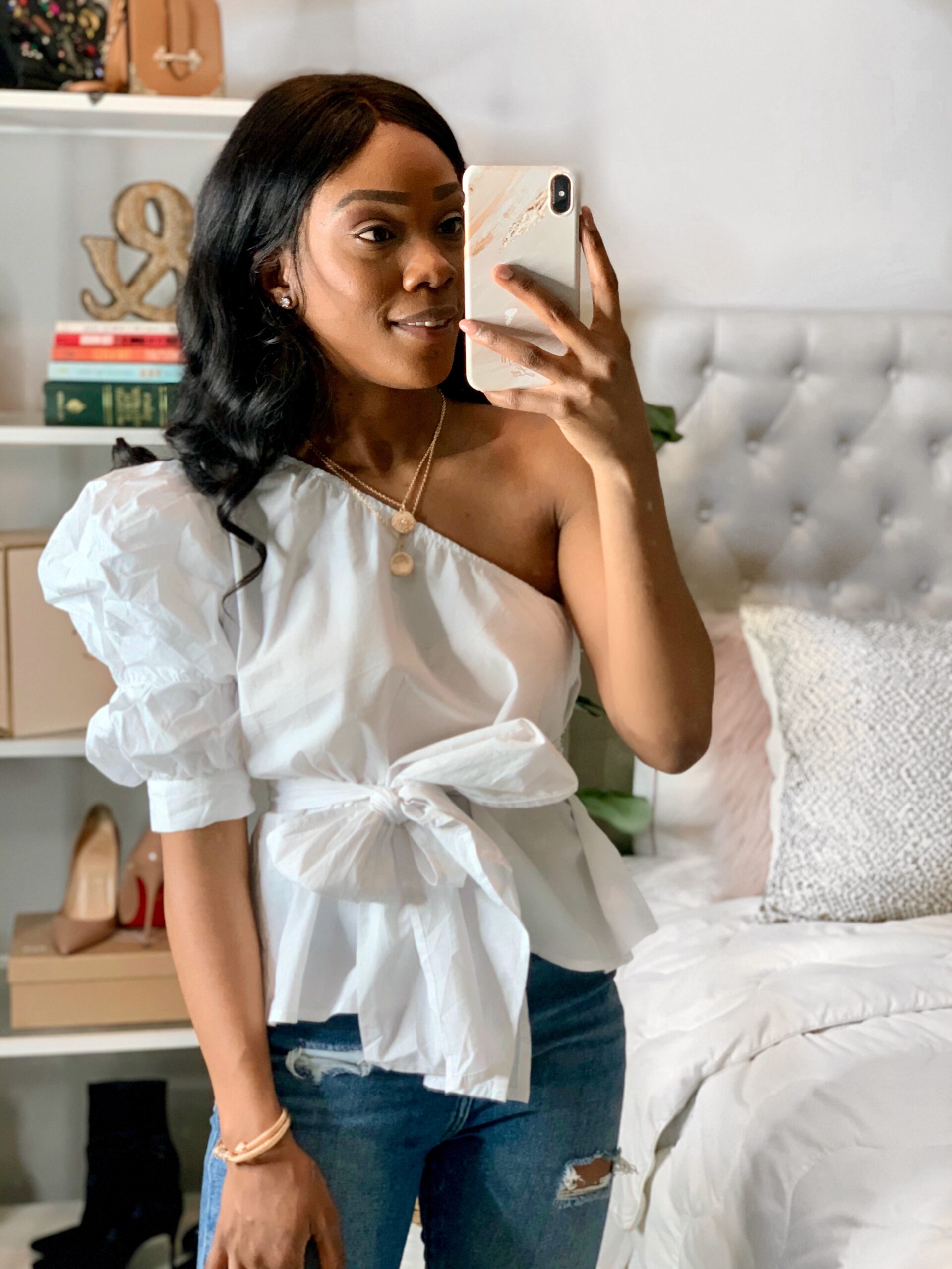 Amazon Fashion Spring 2020 | Women stylish white one shoulder puff sleeves top.