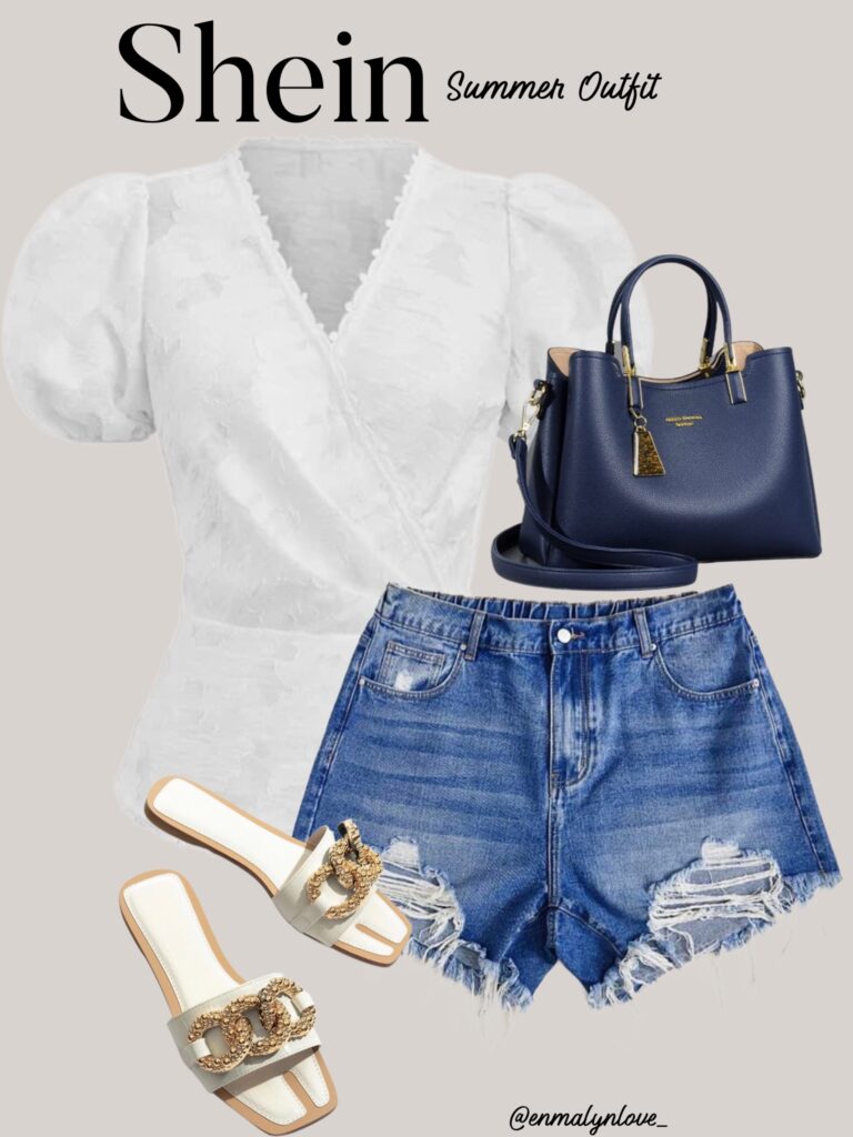 Casual summer outfit, white puff sleeve top, blue denim shorts and white sandals.