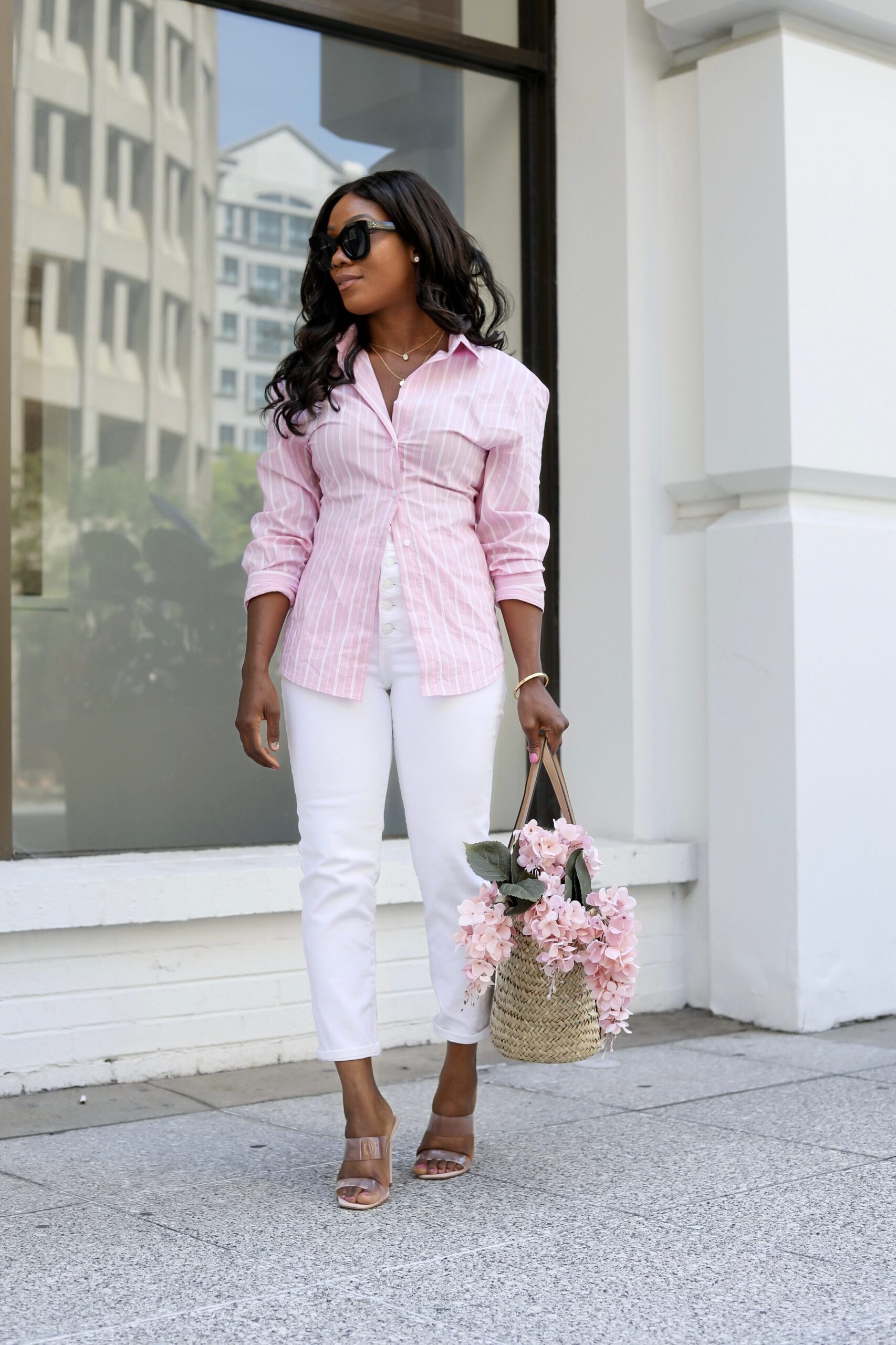 casual summer outfit pink shorts chambray shirt wedges