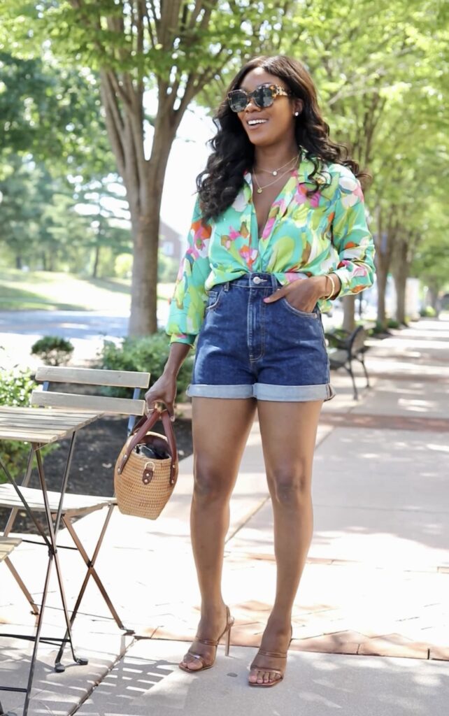 Floral button down with denim shorts
