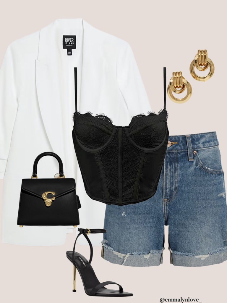 Summer date night outfit idea. White blazer and denim shorts. 