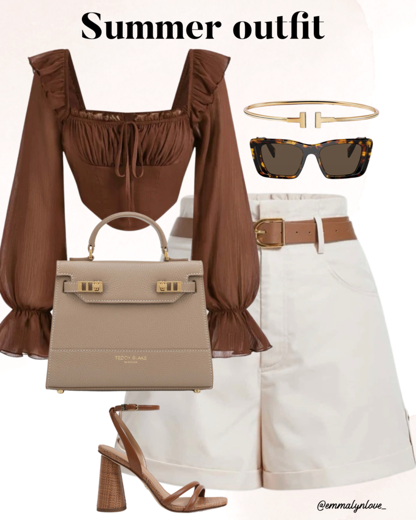 Tan shorts and off shoulder crop top summer outfit. 