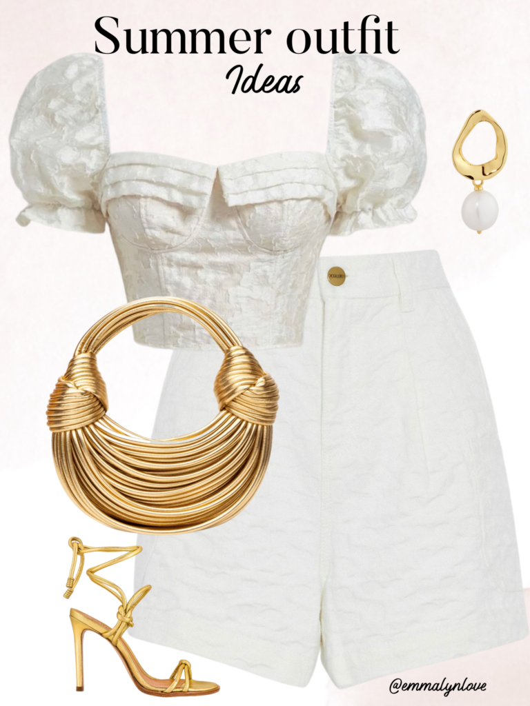 All white summer outfit. White shorts with gold accessories. Garden party outfit.